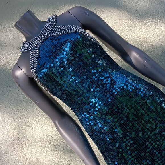 NITELINE by DELLA ROUFOGALI VINTAGE BLUE SEQUIN/STUDDED COLLAR COCKTAIL DRESS - Picture 12 of 17